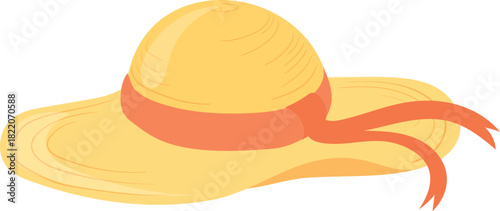 Straw hat with red ribbon. Cartoon headdress icon