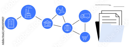 Network of factory, warehouse, truck, airplane, shopping cart, globe, and documents showing supply chain. Ideal for logistics, management global trade e-commerce data organization industrial