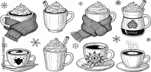 Vintage sketch illustration set of cozy winter hot drinks like coffee, cocoa, and latte with whipped cream