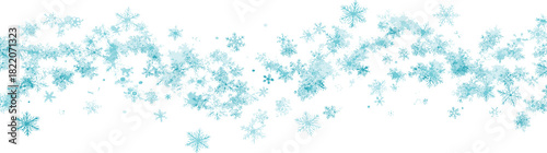 Ethereal winter scene with a delicate flurry of blurred blue snowflakes creating a beautiful Christmas border on a white backdrop