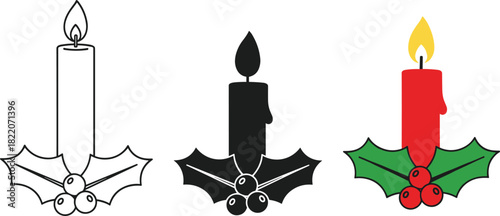 Set of Three Christmas Candle Icons, Including Outline, Solid Black Silhouette, and Full Color Vector Graphics, Representing Advent, Holly, Berries, and Festive Holiday Season Decorations.