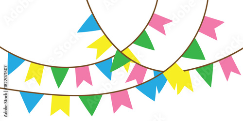 Colorful bunting flags on string for birthday party decoration set, holiday anniversary fabric garlands design, modern festive hanging decor. Bunting flags banner best for Birthday party and carnival 