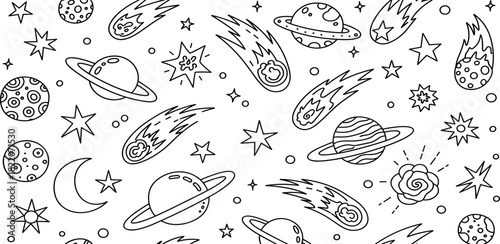 Seamless hand-drawn doodle pattern featuring whimsical celestial bodies like planets, stars, and comets, perfect for cosmic-themed backgrounds or children's designs