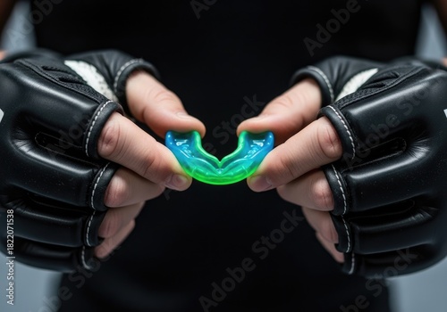 Mouth guard for combat sport in fighters hands | boxing, boxer, fighting, punch, athlete, gloves, training, action, combat sport, strength