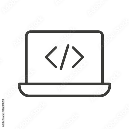 Fine line coding laptop icon symbolizing software development, ideal for programming visuals, tech platforms and developer interface design