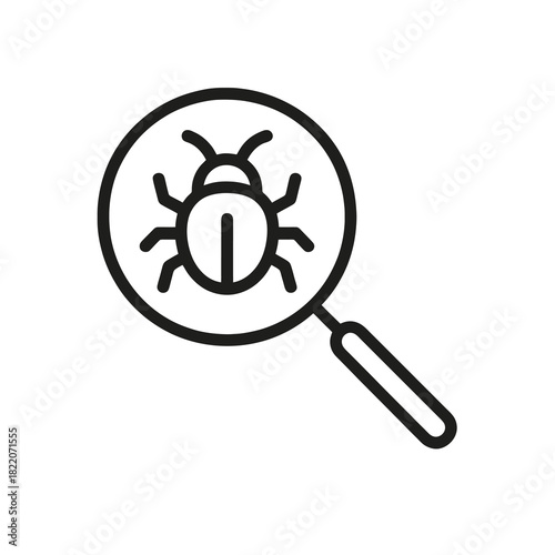 Fine line debugging icon with bug and magnifier, ideal for software troubleshooting, error analysis and development quality assurance visuals