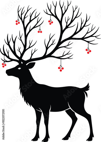 Majestic Black Silhouette of a Stag or Reindeer, Whose Antlers Resemble a Bare Winter Tree, Decorated with Hanging Red Berries, Capturing the Essence of Christmas, Nature, and Mystical Holiday Spirit.