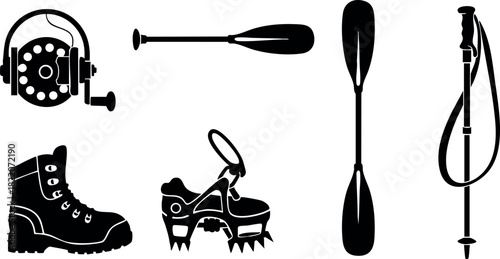 Fishing reel paddle boots ice skates kayak paddle hiking pole vector illustration