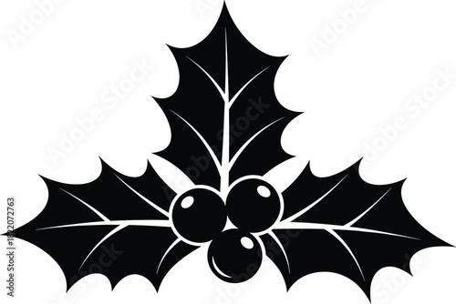 Black and White Foliage Icons Vector Set: Holly Berry, Palm Leaf, Wreath, Laurels, Berries; Minimalist Botanical Silhouette Elements for Christmas, Decoration, Logo, and Nature Design.