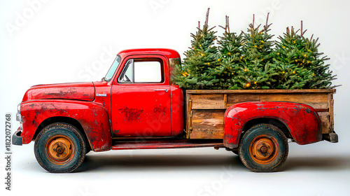 Christmas vintage red truck and Christmas trees Holiday artistic background for cards design.