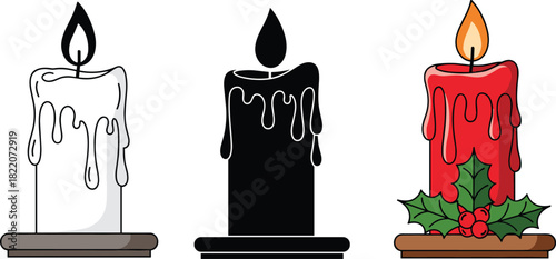 Set of Three Christmas Candles Vector: Outline, Silhouette, and Color Icon with Holly Berries for Holiday Decorations, Invitation Cards, and Seasonal Designs.
