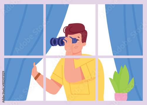 Neighbor spying with binoculars. Watching man in window frame