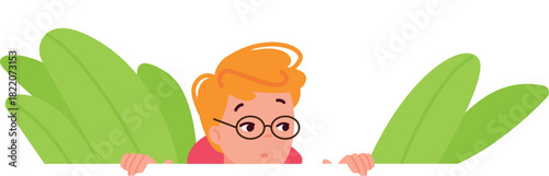 Child spying from bush. Boy character looking suspicious