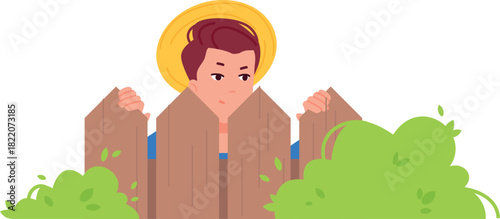 Neighbor look behind fence. Curious man follow