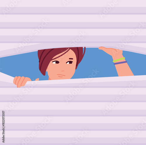 Woman look between window blinds. Spying person