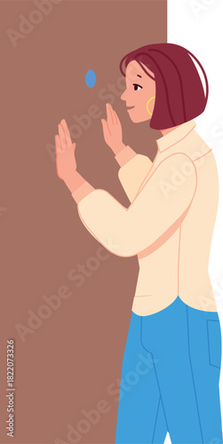 Woman look in door peephole. Privacy protection concept