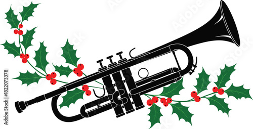 Black Trumpet Musical Instrument Vector with Vibrant Holly and Berries; Festive Graphic for Christmas Concerts, Holiday Invitations, and Seasonal Band Decoration Designs.