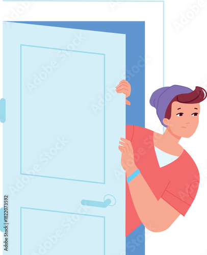 Guy look from open door. Young neighbor character