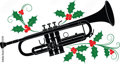 Black Trumpet Musical Instrument Vector with Holly and Berries; Festive Silhouette Graphic for Christmas Concerts, Holiday Invitations, and Seasonal Band Decoration Designs.