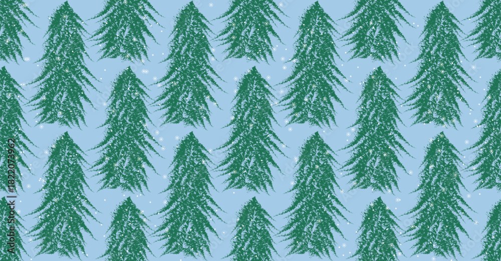 Fototapeta premium Repeating winter pattern featuring textured evergreen trees with scattered snowflakes on a soft blue background, creating a calm seasonal design.