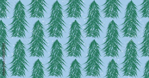 Repeating winter pattern featuring textured evergreen trees with scattered snowflakes on a soft blue background, creating a calm seasonal design.