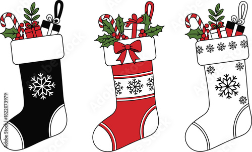 Set of Three Christmas Stockings Vector Illustration: Black, Red, and White Socks Filled with Candy Canes, Holly, and Gifts for Holiday Decoration and Festive Designs.