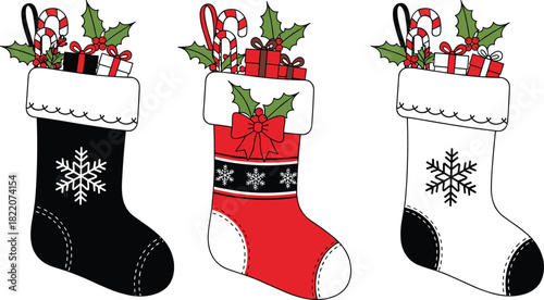 Set of Three Christmas Stockings Vector Illustration: Black, Red, and White Socks Filled with Candy Canes, Holly, and Gifts for Holiday Decoration and Festive Designs.