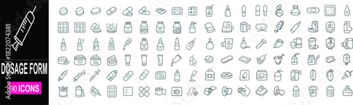 Pharmaceutical dosage forms Outline icon set. Editable stroke. Vector illustration.eps