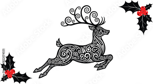 Mythological Swirling Reindeer and Holly Berries Vector Illustration; Intricate Black and White Stag Silhouette for Christmas Cards, Festive Invitations, and Winter Nature Decoration Projects.