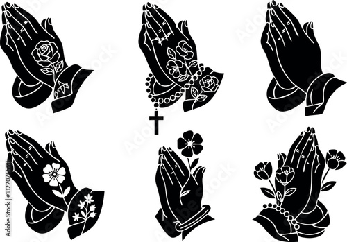 Black silhouette praying hands with flowers and cross religious spirituality vector illustration