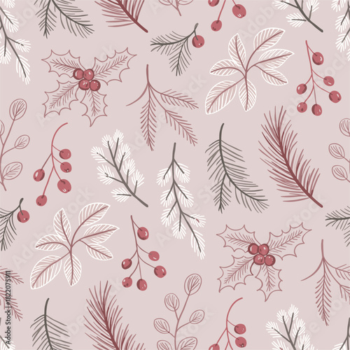 Christmas botanical pattern with berries and pine needles