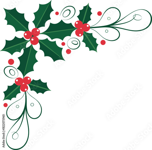 Green holly leaves and red berries corner flourish