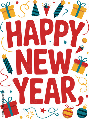 Happy New Year text with festive decorations greeting
