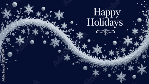 White snowflakes and garland on dark blue background