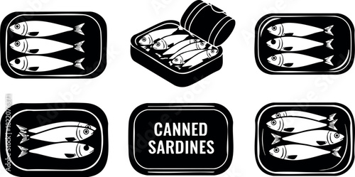 Canned sardines black and white vector flat illustration set of open and closed tins with fish inside packaging design