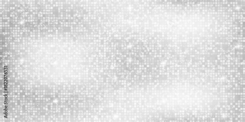 Silver mosaic disco ball background with white mirror glitter and light spots texture. Shiny grey tones sequin pattern. Festive fashion decoration. Glam sparkle Christmas wall. Vector illustration.