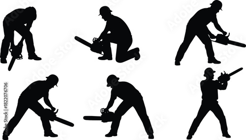 Chainsaw silhouettes, safety gear, helmet protection, cutting posture, woodwork action, ergonomic stance, forest labor, lumberjack tools, industrial operation, outdoor technique
