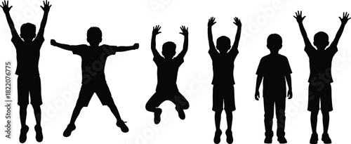 Children silhouettes, jumping poses, playful motion, energetic kids, standing posture, childhood activity, dynamic movement, youth expression, outdoor fun, body gesture