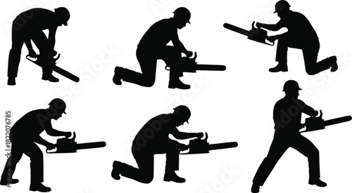 Chainsaw silhouettes, safety gear, helmet protection, cutting posture, woodwork action, ergonomic stance, forest labor, lumberjack tools, industrial work, outdoor operation