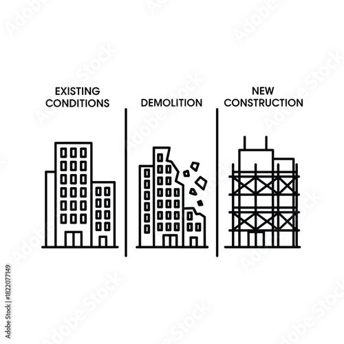 Building lifecycle: existing, demolition, new construction line icon.