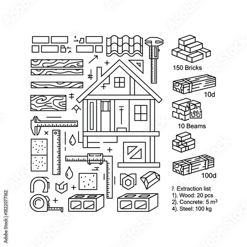 House construction planning with building materials and tools outline