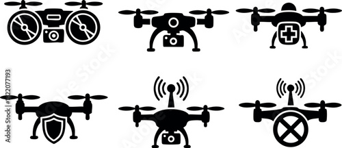Drone icons set with camera shield medical signal and no fly zone illustrations vector