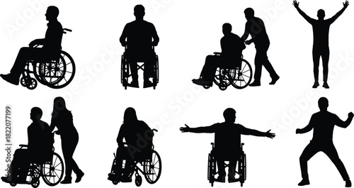 Inclusive silhouettes, wheelchair users, assisted mobility, diverse poses, disability awareness, standing figures, dance motion, accessibility concept, human expression, physical diversity