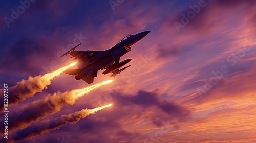 F 16 fighter jet deploying multiple hot defensive flares creating trails of fire and smoke while flying against a dramatic orange and purple sunset sky. Representing military defense and aerial combat