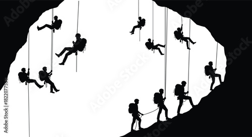 Rock climbing silhouettes, rappelling action, cave adventure, cliffside teamwork, vertical challenge, rope descent, harness gear, outdoor sport, extreme motion, climbing posture