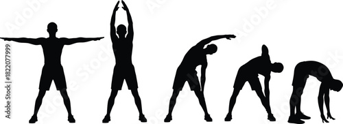 Stretching silhouettes, fitness routine, warm-up poses, body flexibility, exercise sequence, posture training, wellness movement, side bend, forward stretch, arm raise