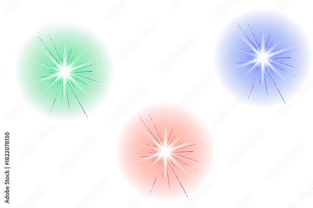 Fototapeta premium Three colorful glowing starburst spheres isolated on transparent background