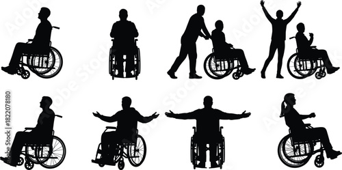 Wheelchair silhouettes, inclusive poses, assisted mobility, disability awareness, diverse interaction, seated figures, support gesture, human expression, accessibility concept, physical diversity