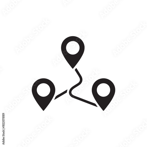 Three location pins connected by a navigation route minimal solid icon on white back ground