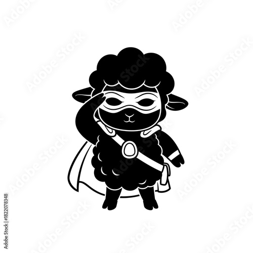 Cute black sheep superhero character vector saluting heroically wearing a mask and cape isolated on white background